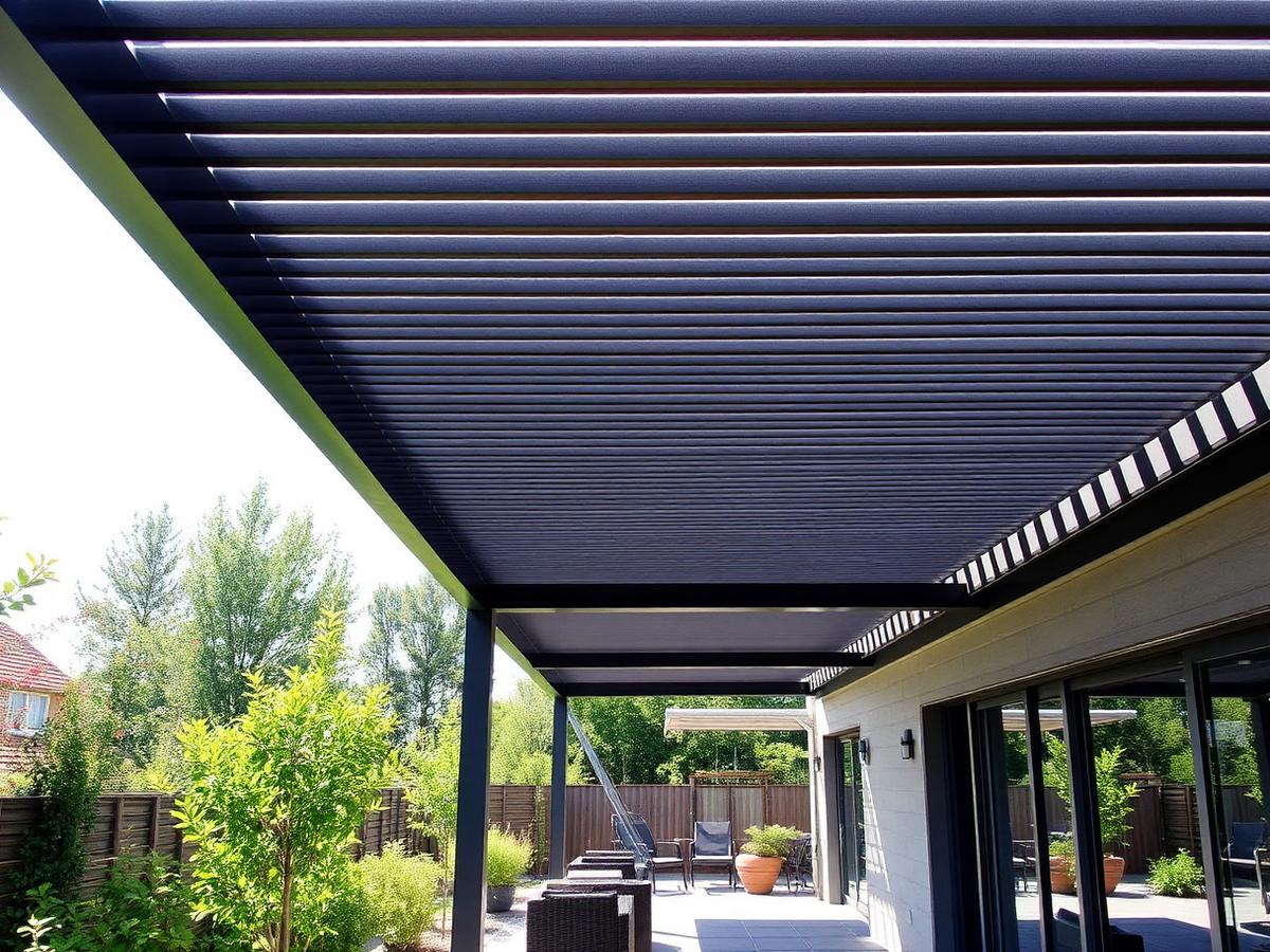 Pergola bioclimatique moderne installée dans un espace extérieur